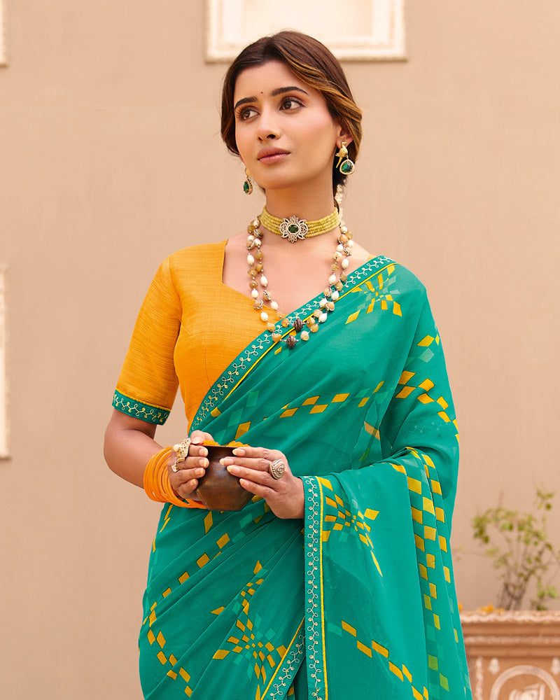 Vishal Prints Teal Green Printed Georgette Saree With Fancy Border