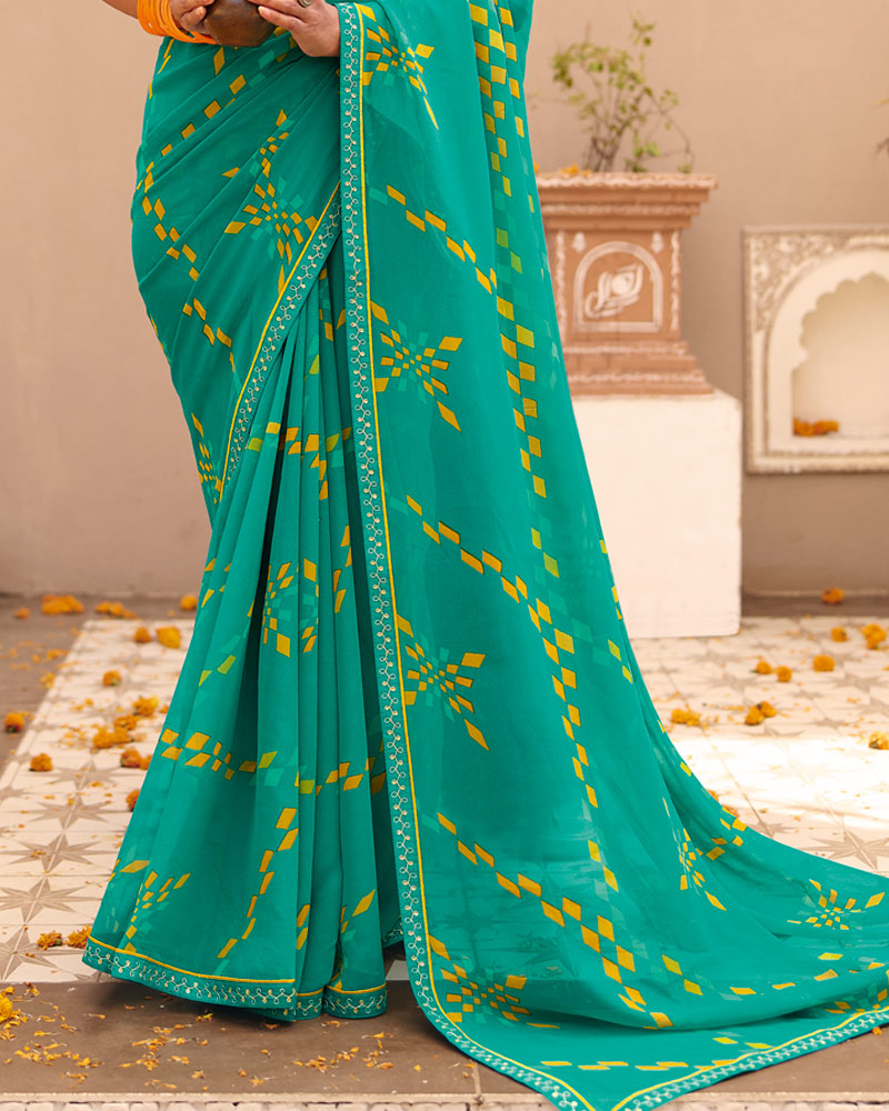 Vishal Prints Teal Green Printed Georgette Saree With Fancy Border