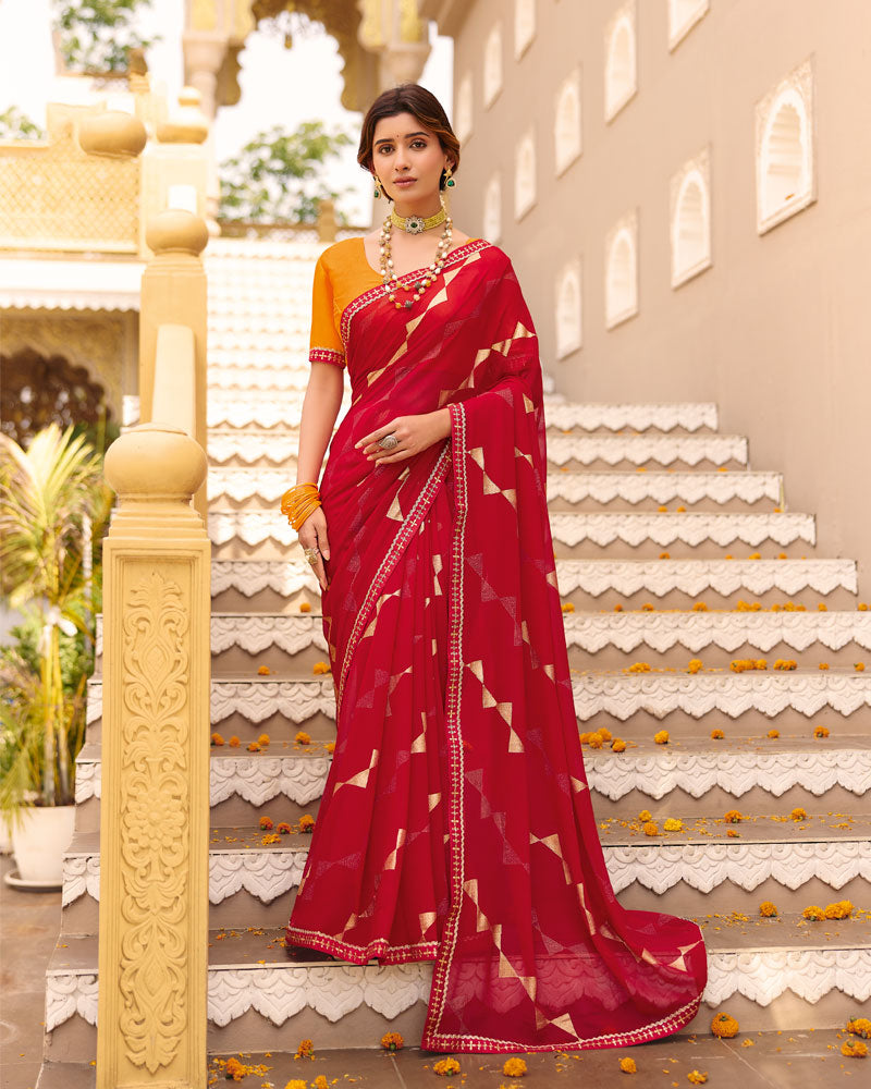 Vishal Prints Bright Red Printed Georgette Saree With Foil Print And Fancy Border