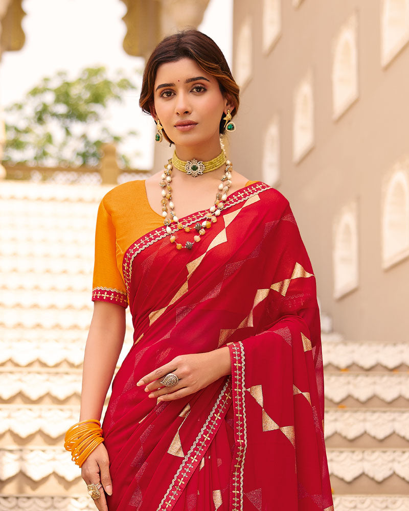 Vishal Prints Bright Red Printed Georgette Saree With Foil Print And Fancy Border