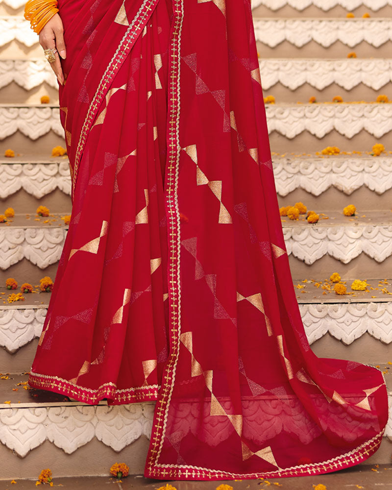 Vishal Prints Bright Red Printed Georgette Saree With Foil Print And Fancy Border
