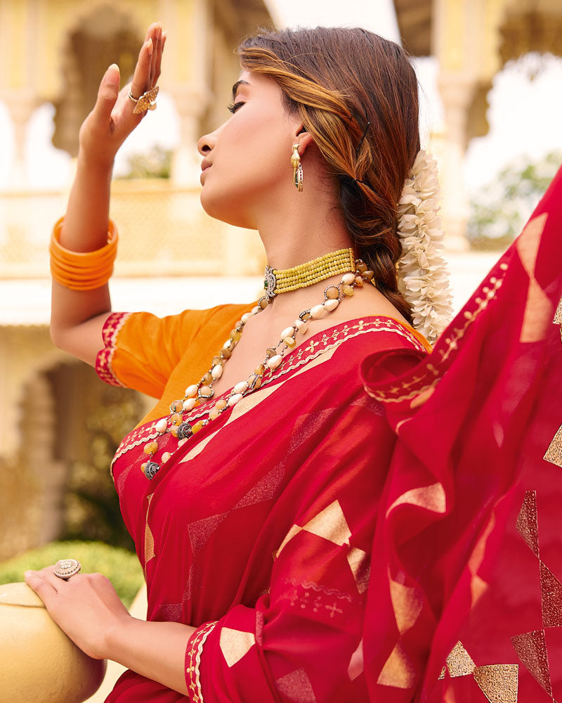 Vishal Prints Bright Red Printed Georgette Saree With Foil Print And Fancy Border