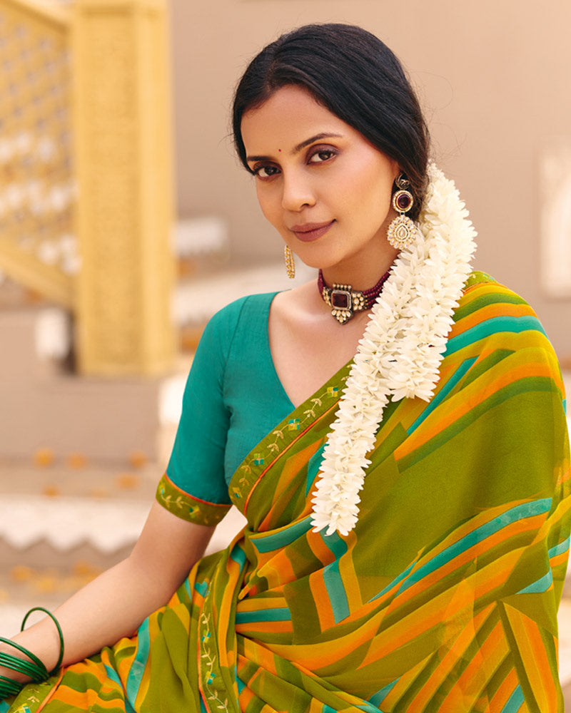 Vishal Prints Mehandi Green Printed Georgette Saree With Foil Print And Fancy Border
