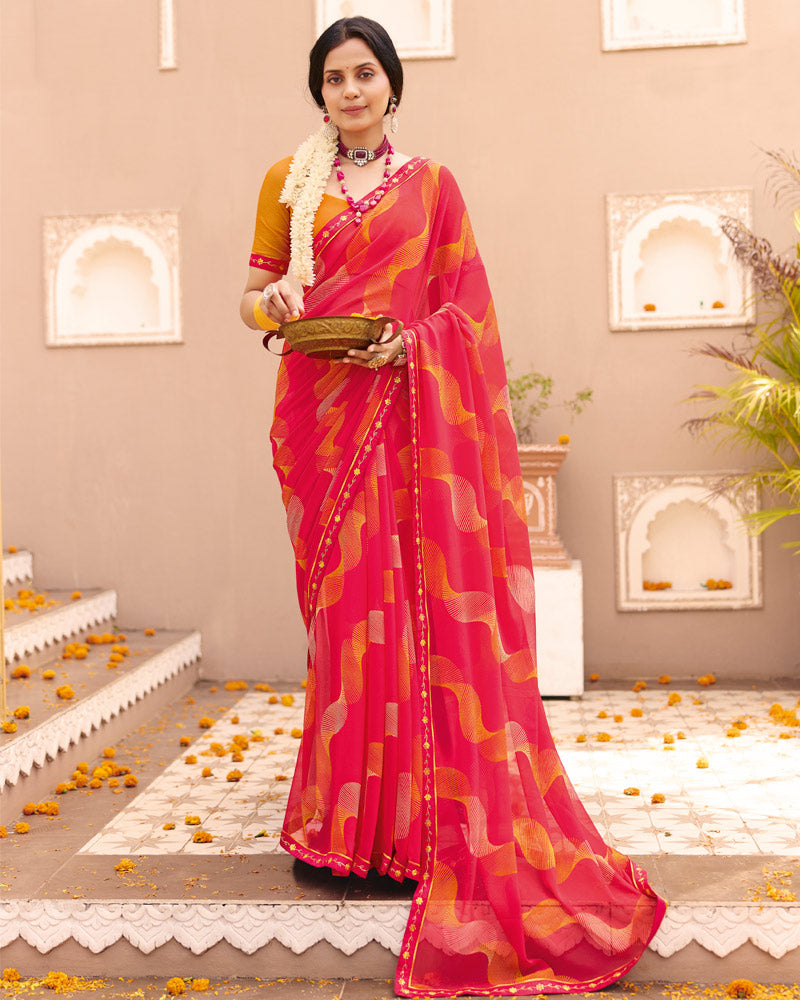 Vishal Prints Fuchsia Pink Printed Georgette Saree With Foil Print And Fancy Border