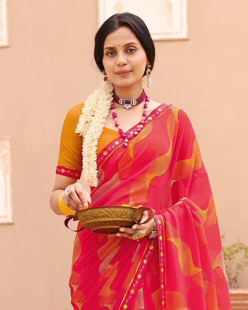 Vishal Prints Fuchsia Pink Printed Georgette Saree With Foil Print And Fancy Border
