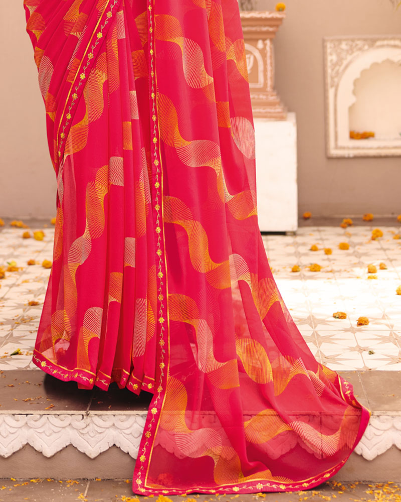 Vishal Prints Fuchsia Pink Printed Georgette Saree With Foil Print And Fancy Border