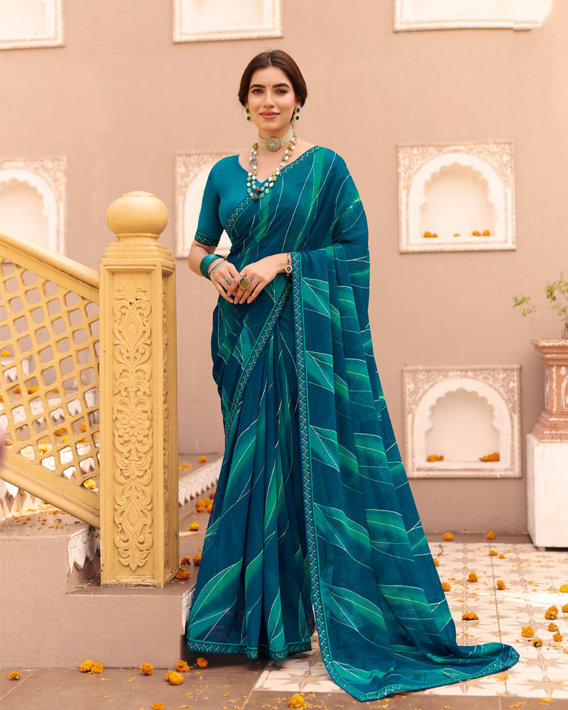 Vishal Prints Indigo Blue Printed Georgette Saree With Foil Print And Fancy Border