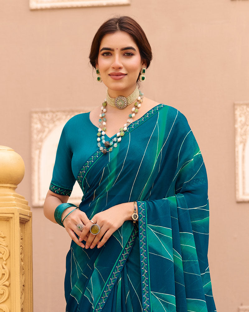 Vishal Prints Indigo Blue Printed Georgette Saree With Foil Print And Fancy Border