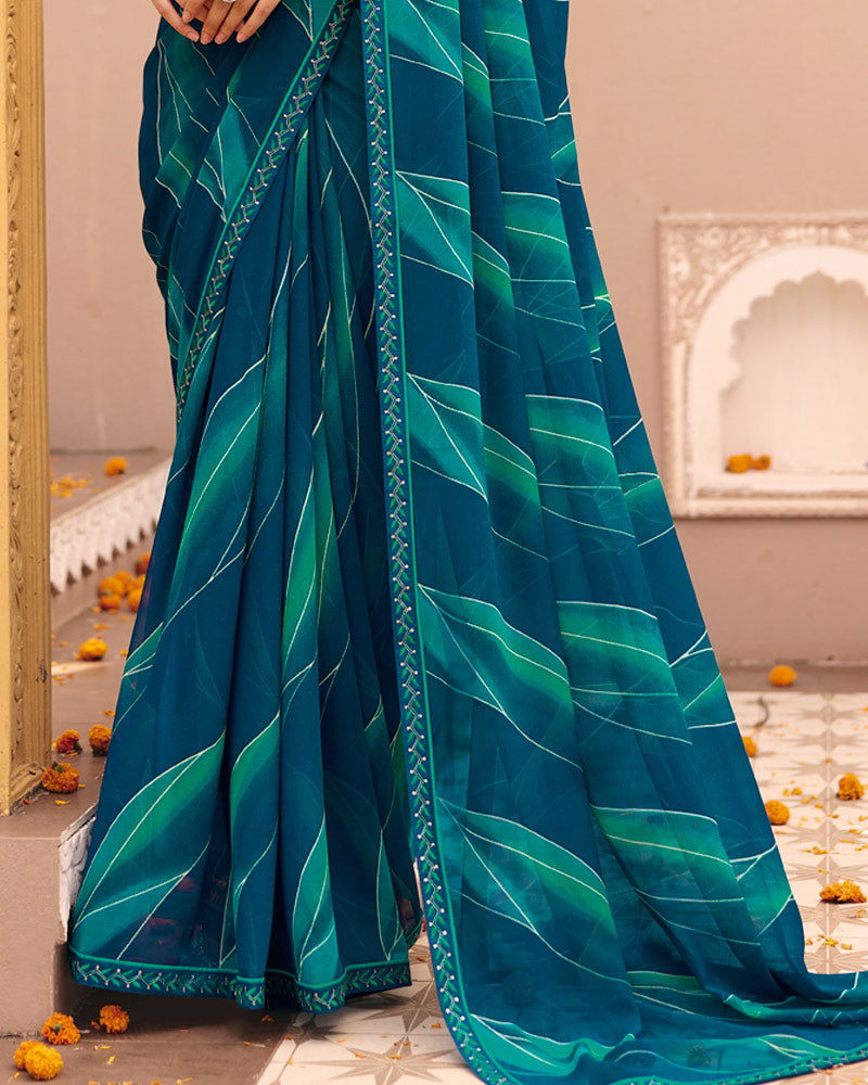 Vishal Prints Indigo Blue Printed Georgette Saree With Foil Print And Fancy Border