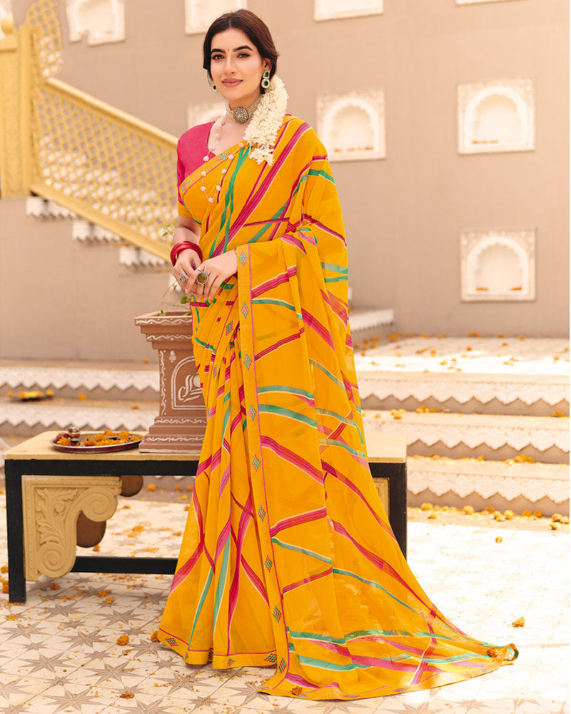 Vishal Prints Mustard Printed Georgette Saree With Foil Print And Fancy Border