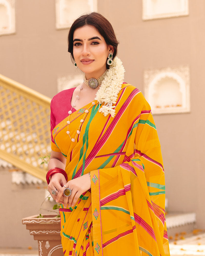 Vishal Prints Mustard Printed Georgette Saree With Foil Print And Fancy Border