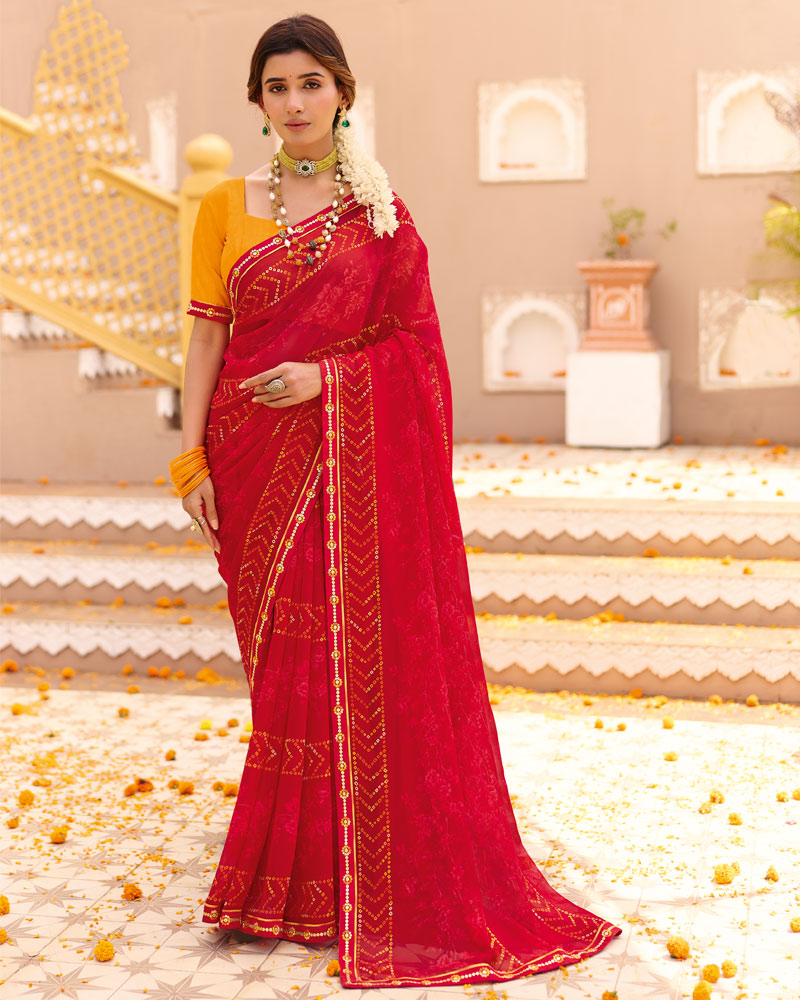 Vishal Prints Sindoori Red Printed Georgette Saree With Foil Print And Fancy Border