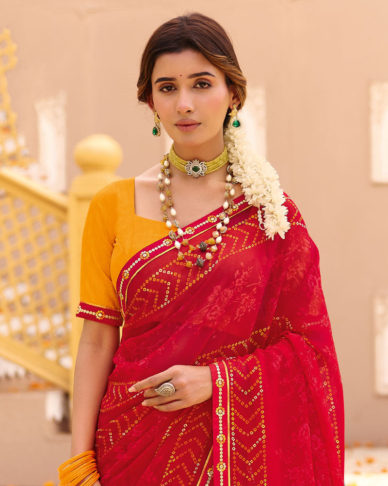 Vishal Prints Sindoori Red Printed Georgette Saree With Foil Print And Fancy Border