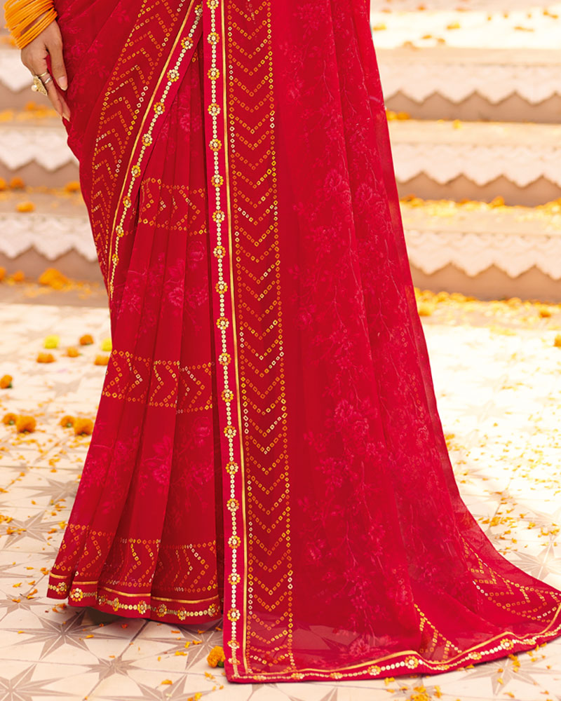 Vishal Prints Sindoori Red Printed Georgette Saree With Foil Print And Fancy Border