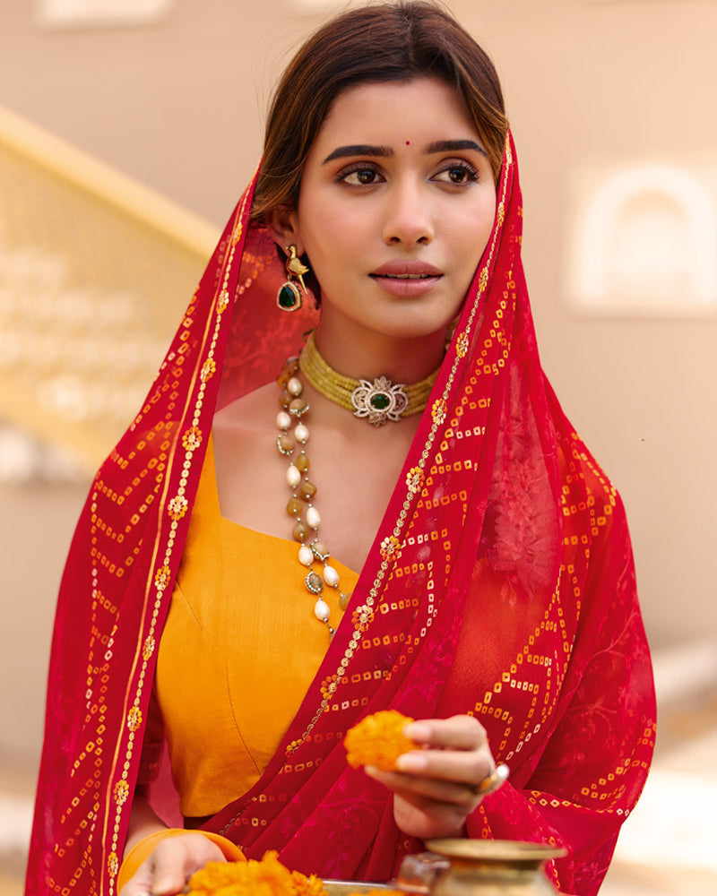 Vishal Prints Sindoori Red Printed Georgette Saree With Foil Print And Fancy Border