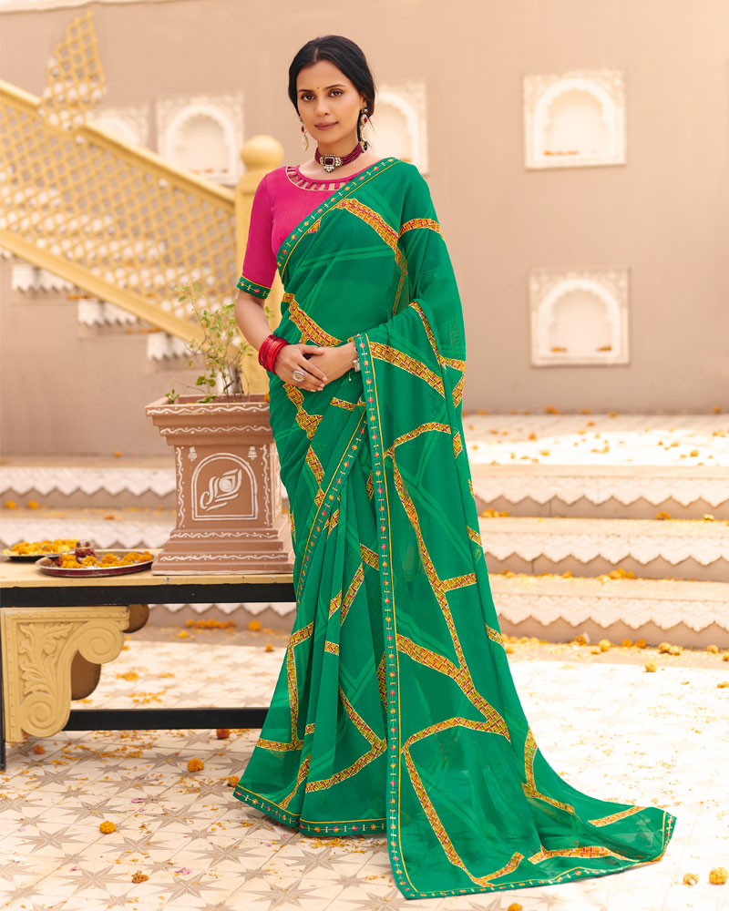 Vishal Prints Dark Green Printed Georgette Saree With Foil Print And Fancy Border