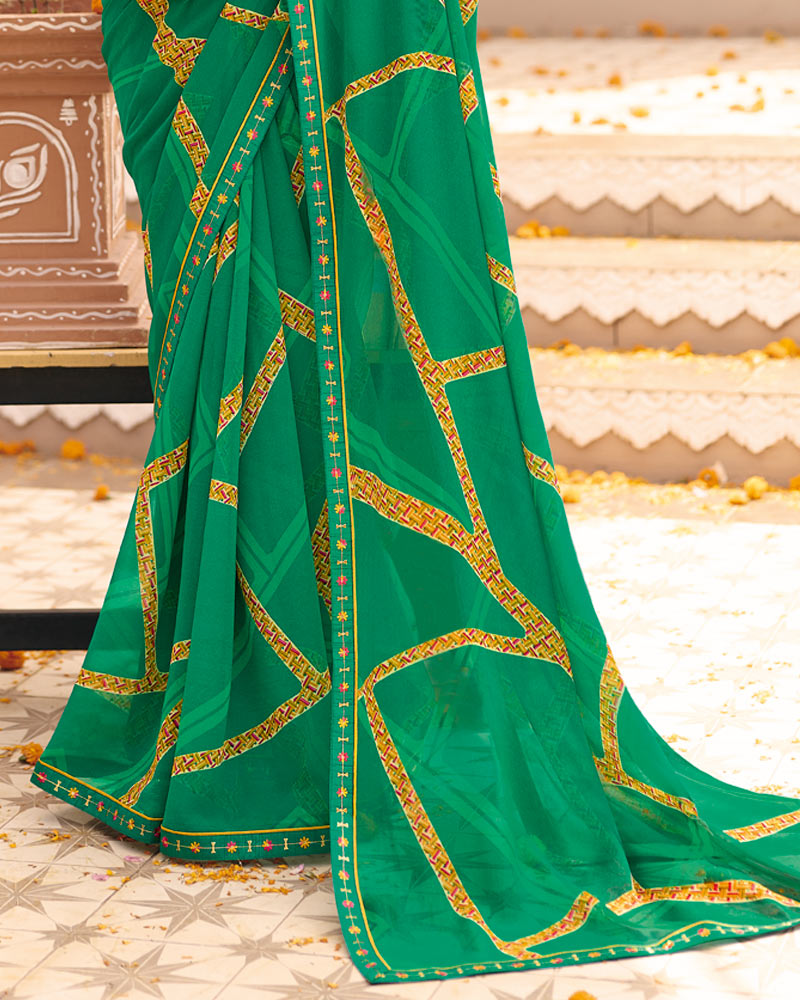 Vishal Prints Dark Green Printed Georgette Saree With Foil Print And Fancy Border