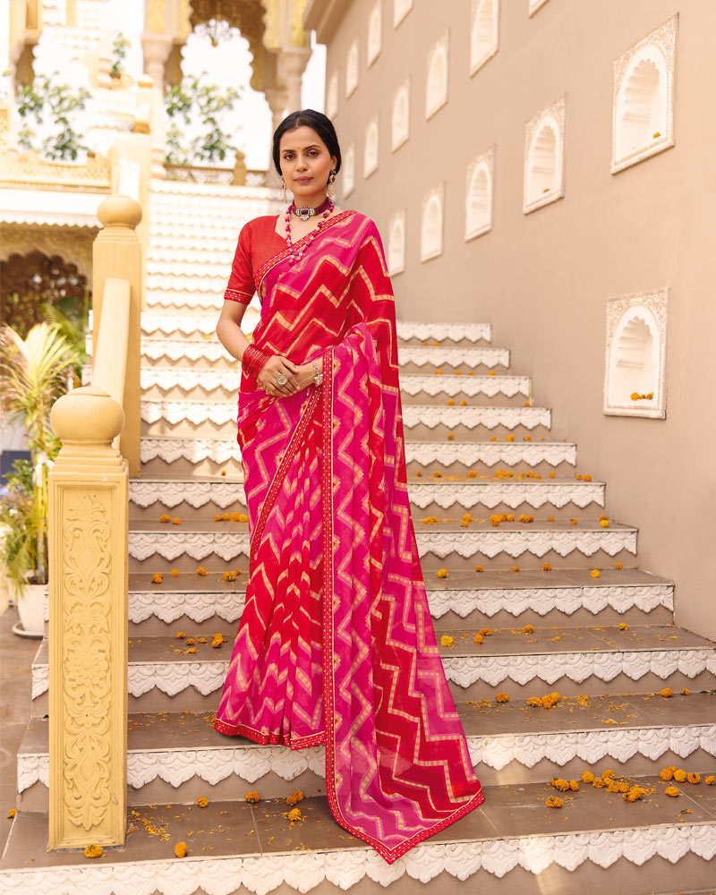 Vishal Prints Rani Red Traditional Print Georgette Saree With Foil Print And Fancy Border