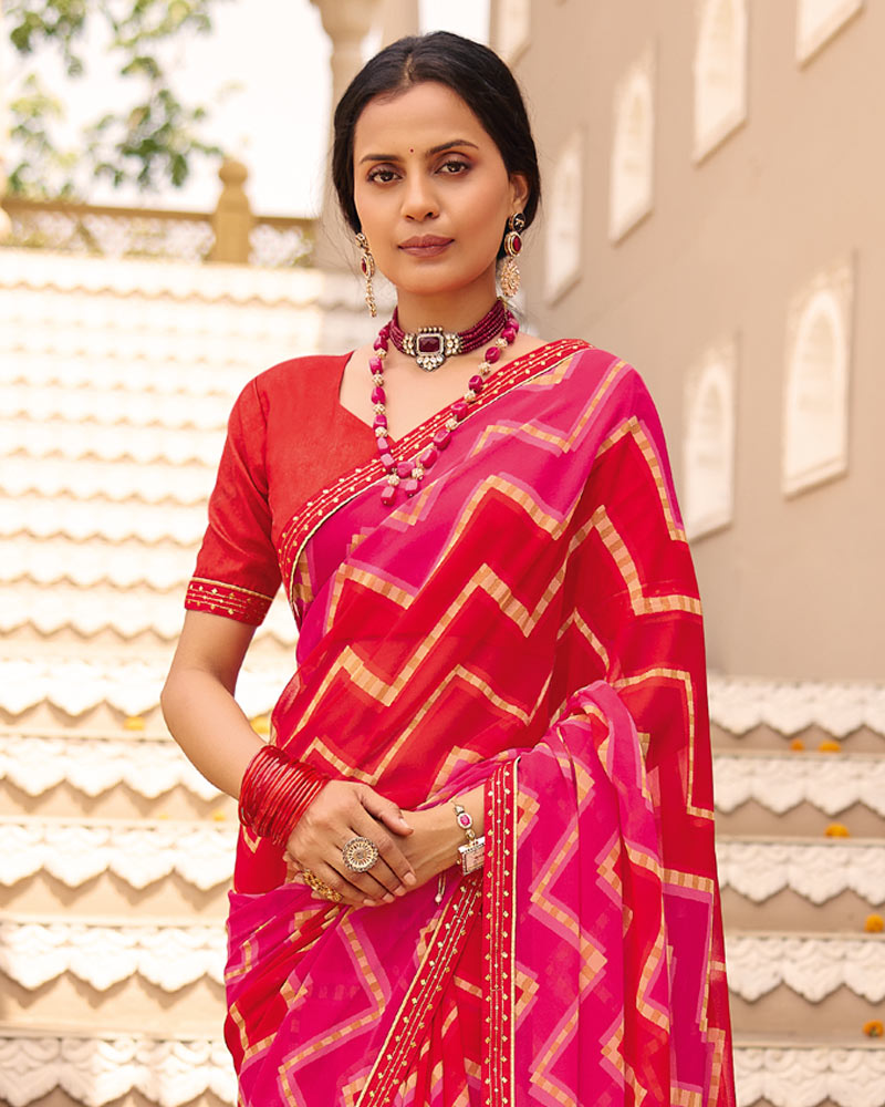 Vishal Prints Rani Red Traditional Print Georgette Saree With Foil Print And Fancy Border