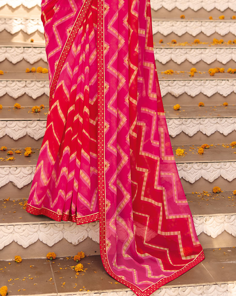 Vishal Prints Rani Red Traditional Print Georgette Saree With Foil Print And Fancy Border