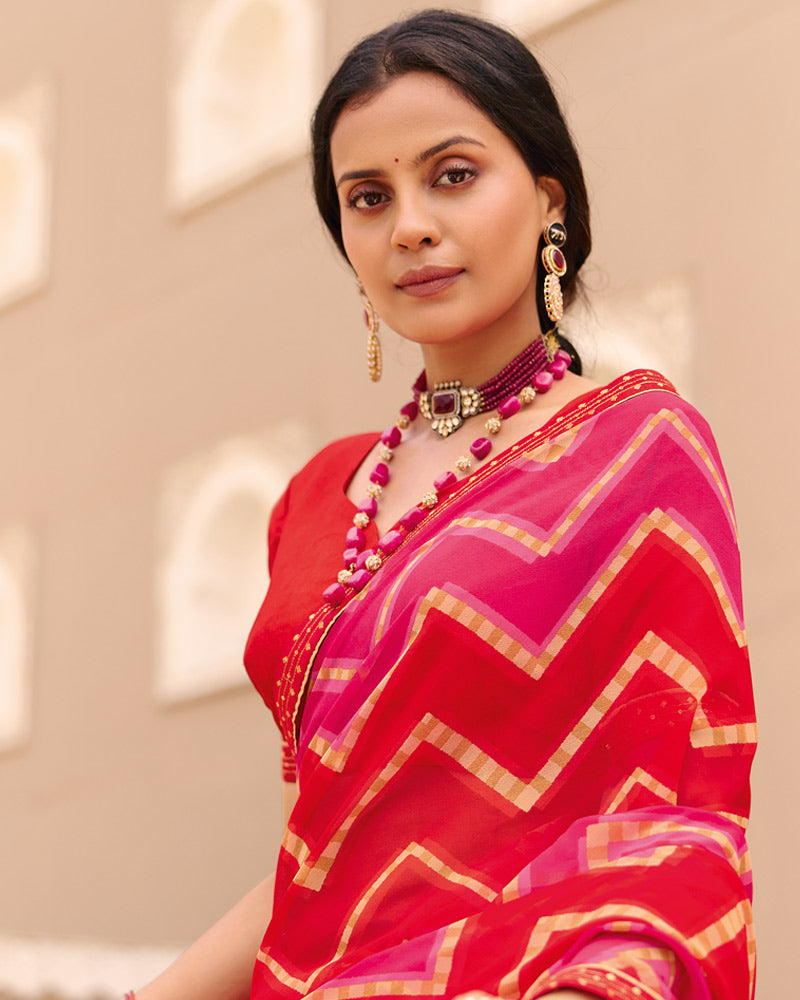 Vishal Prints Rani Red Traditional Print Georgette Saree With Foil Print And Fancy Border