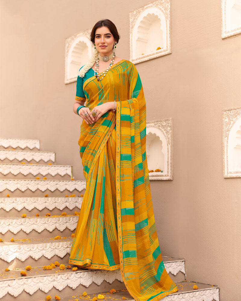Vishal Prints Dusty Mustard Printed Georgette Saree With Foil Print And Fancy Border