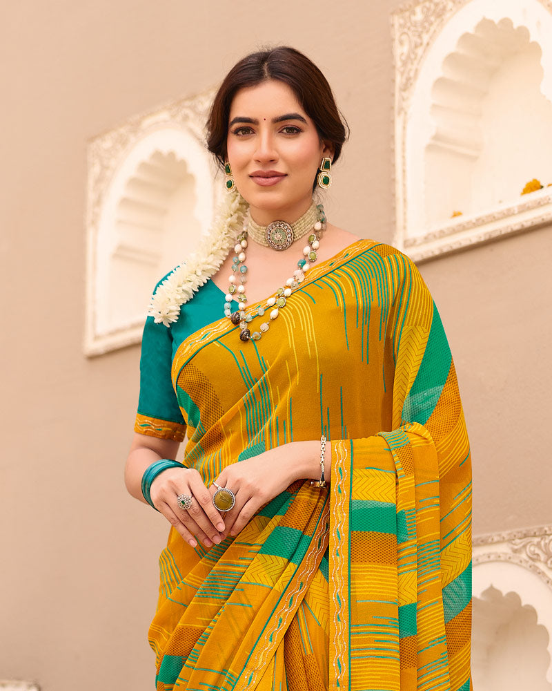 Vishal Prints Dusty Mustard Printed Georgette Saree With Foil Print And Fancy Border