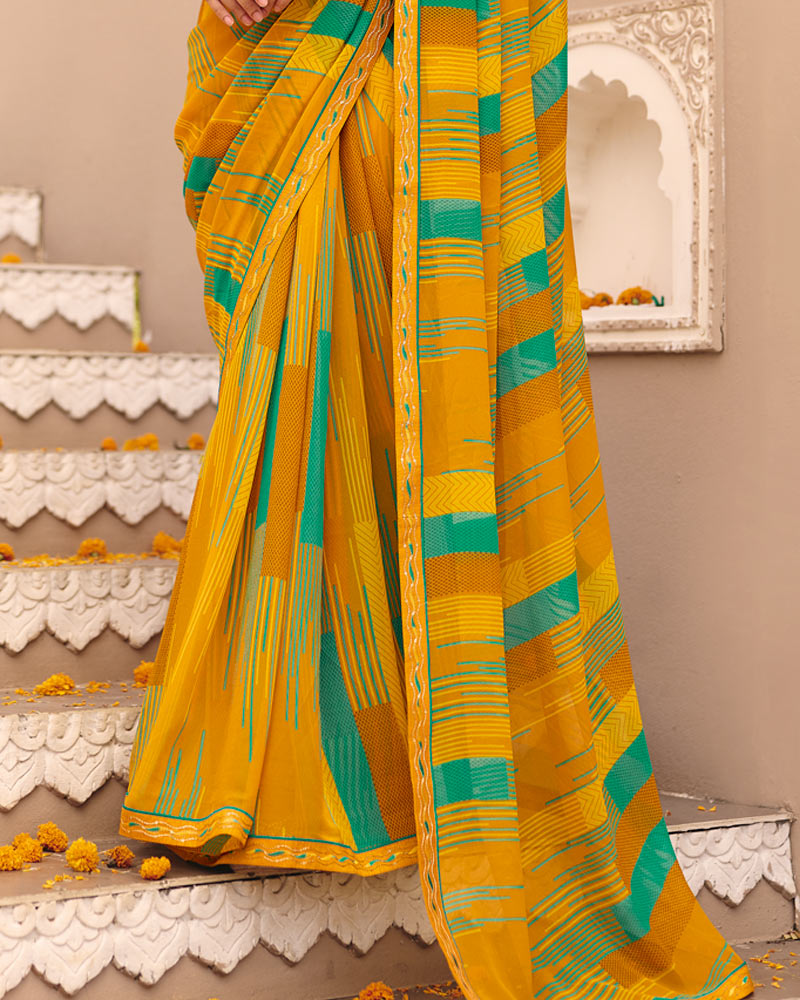 Vishal Prints Dusty Mustard Printed Georgette Saree With Foil Print And Fancy Border