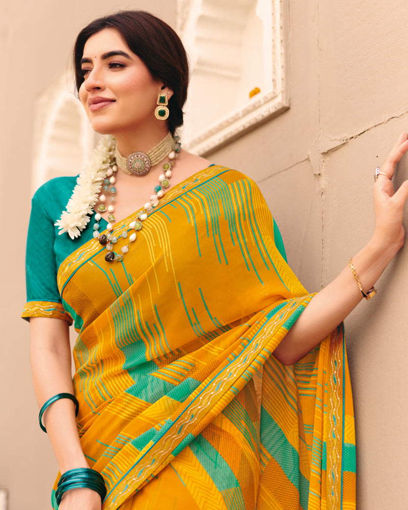 Vishal Prints Dusty Mustard Printed Georgette Saree With Foil Print And Fancy Border