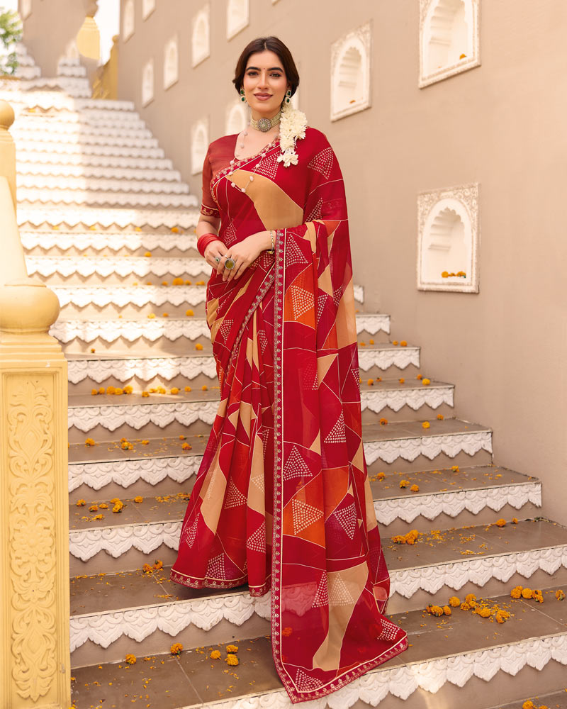 Vishal Prints Maroon Printed Georgette Saree With Foil Print And Fancy Border