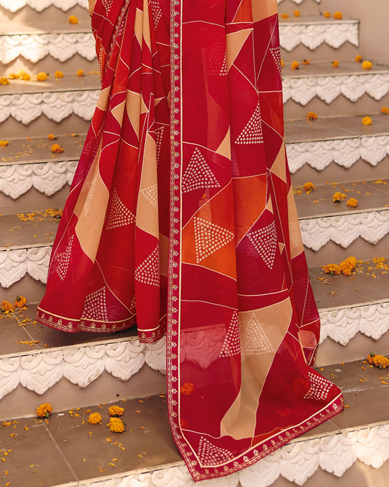 Vishal Prints Maroon Printed Georgette Saree With Foil Print And Fancy Border