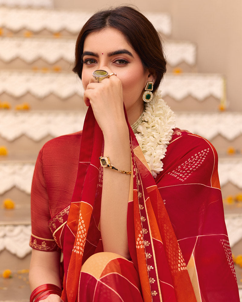 Vishal Prints Maroon Printed Georgette Saree With Foil Print And Fancy Border