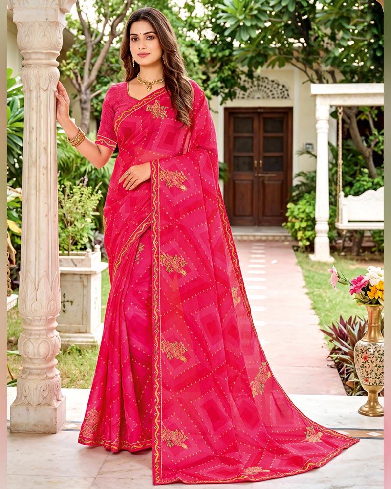 Vishal Prints Pinkish Red Printed Chiffon Saree With Foil Print And Fancy Border