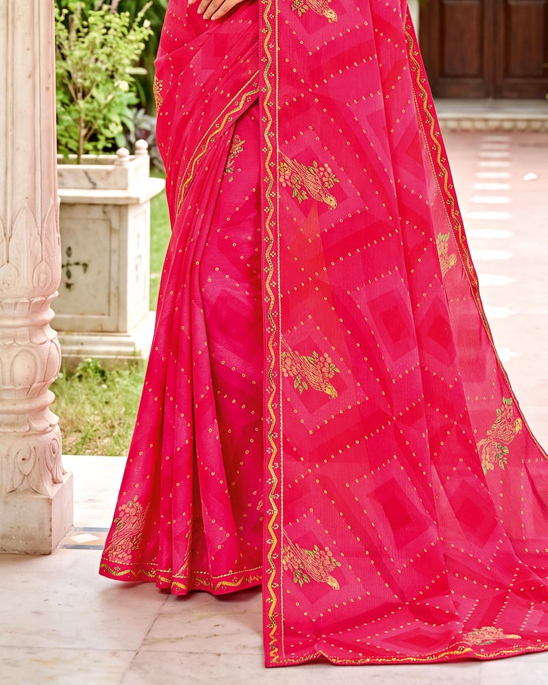 Vishal Prints Pinkish Red Printed Chiffon Saree With Foil Print And Fancy Border