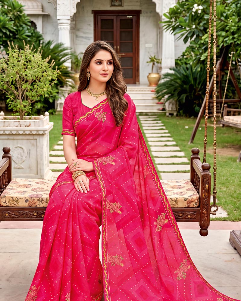 Vishal Prints Pinkish Red Printed Chiffon Saree With Foil Print And Fancy Border