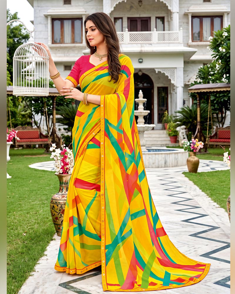 Vishal Prints Golden Yellow Printed Georgette Saree With Fancy Border