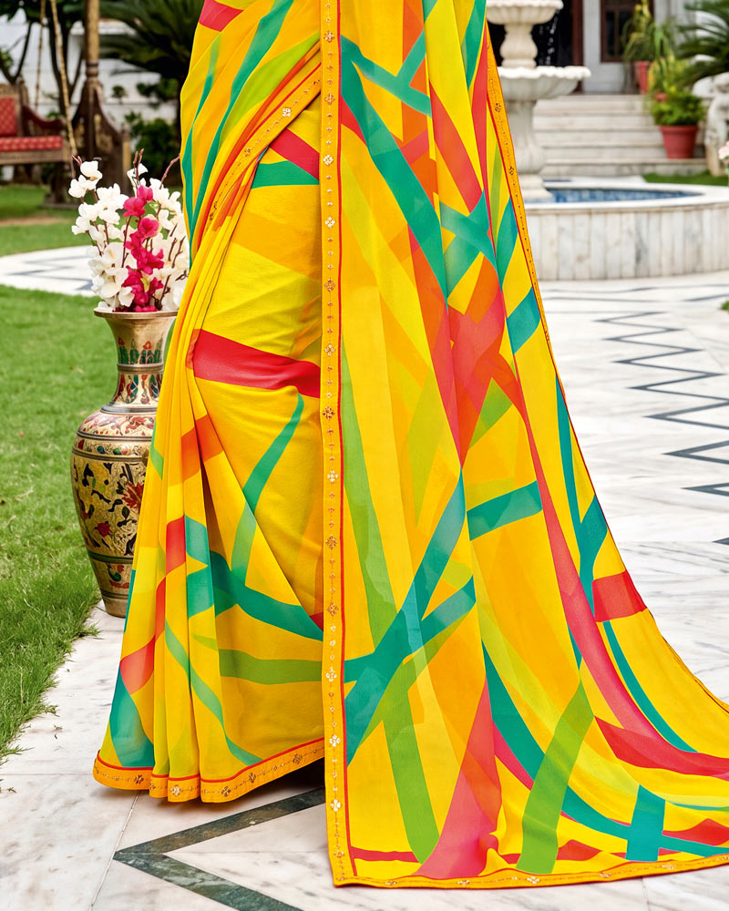 Vishal Prints Golden Yellow Printed Georgette Saree With Fancy Border