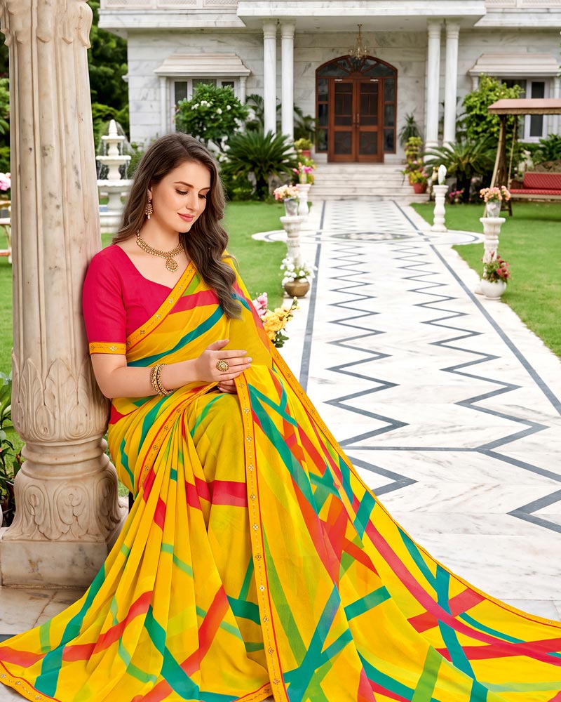 Vishal Prints Golden Yellow Printed Georgette Saree With Fancy Border