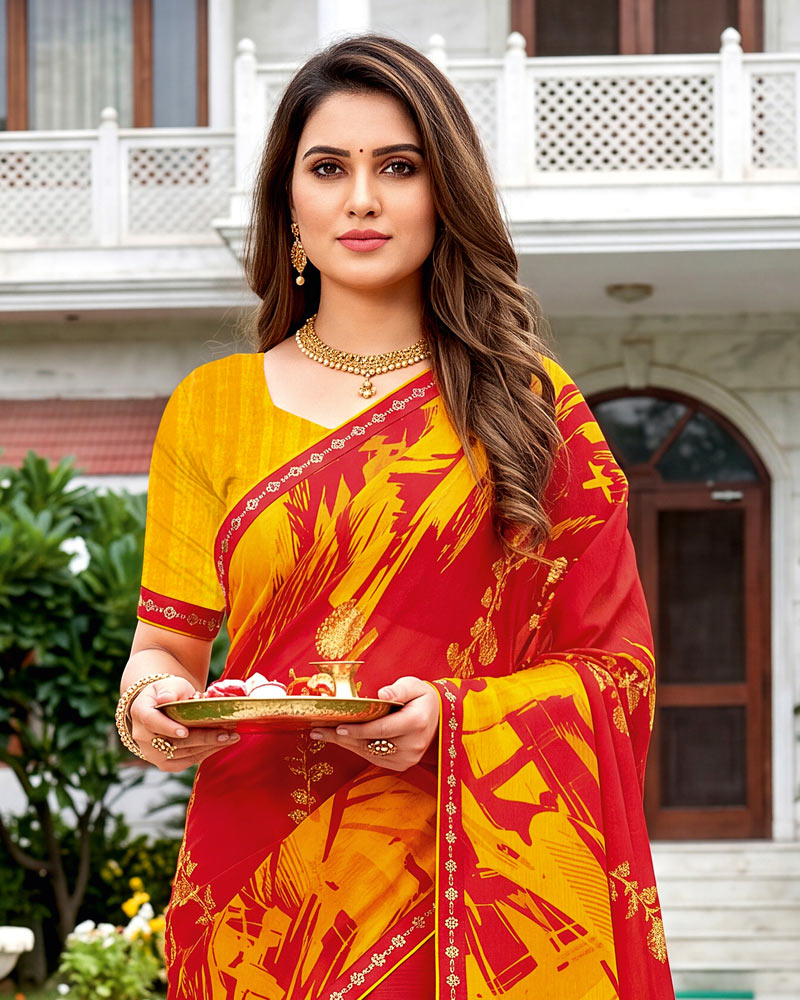 Vishal Prints Venetian Red Printed Georgette Saree With Fancy Border