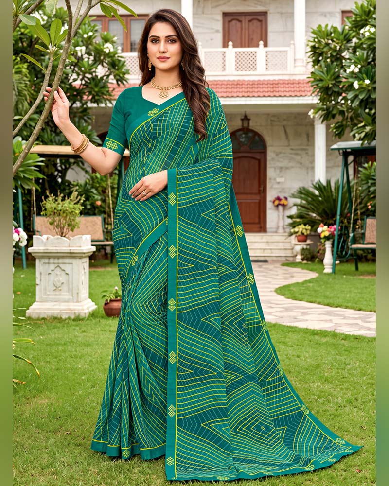 Vishal Prints Dark Aqua Green Printed Georgette Saree With Fancy Border