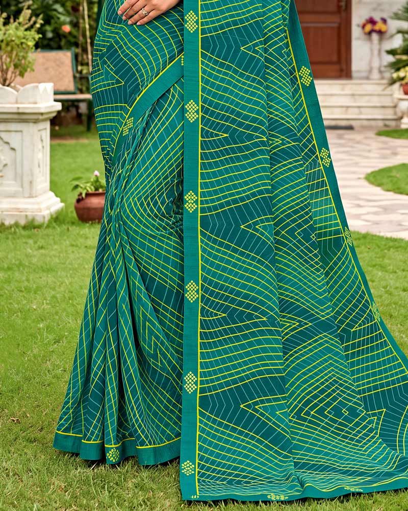 Vishal Prints Dark Aqua Green Printed Georgette Saree With Fancy Border