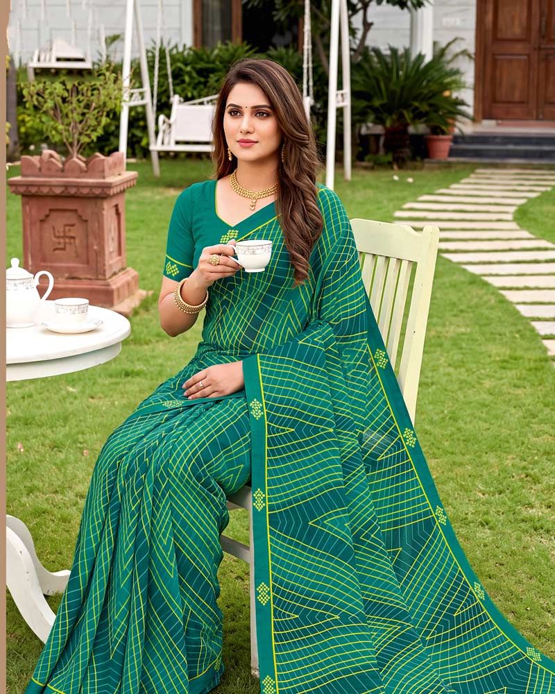 Vishal Prints Dark Aqua Green Printed Georgette Saree With Fancy Border
