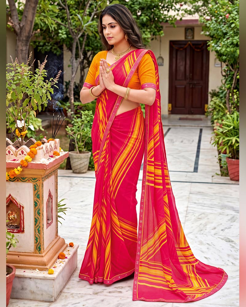Vishal Prints Amaranth Pink Printed Georgette Saree With Fancy Border