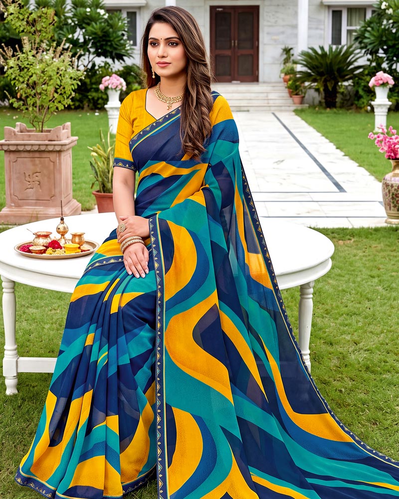Vishal Prints Nile Blue Printed Georgette Saree With Fancy Border