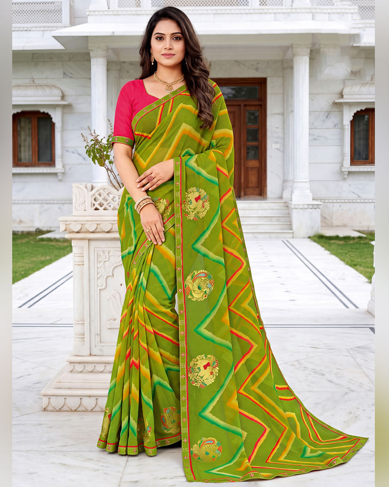 Vishal Prints Mehandi Green Printed Georgette Saree With Foil Print And Fancy Border
