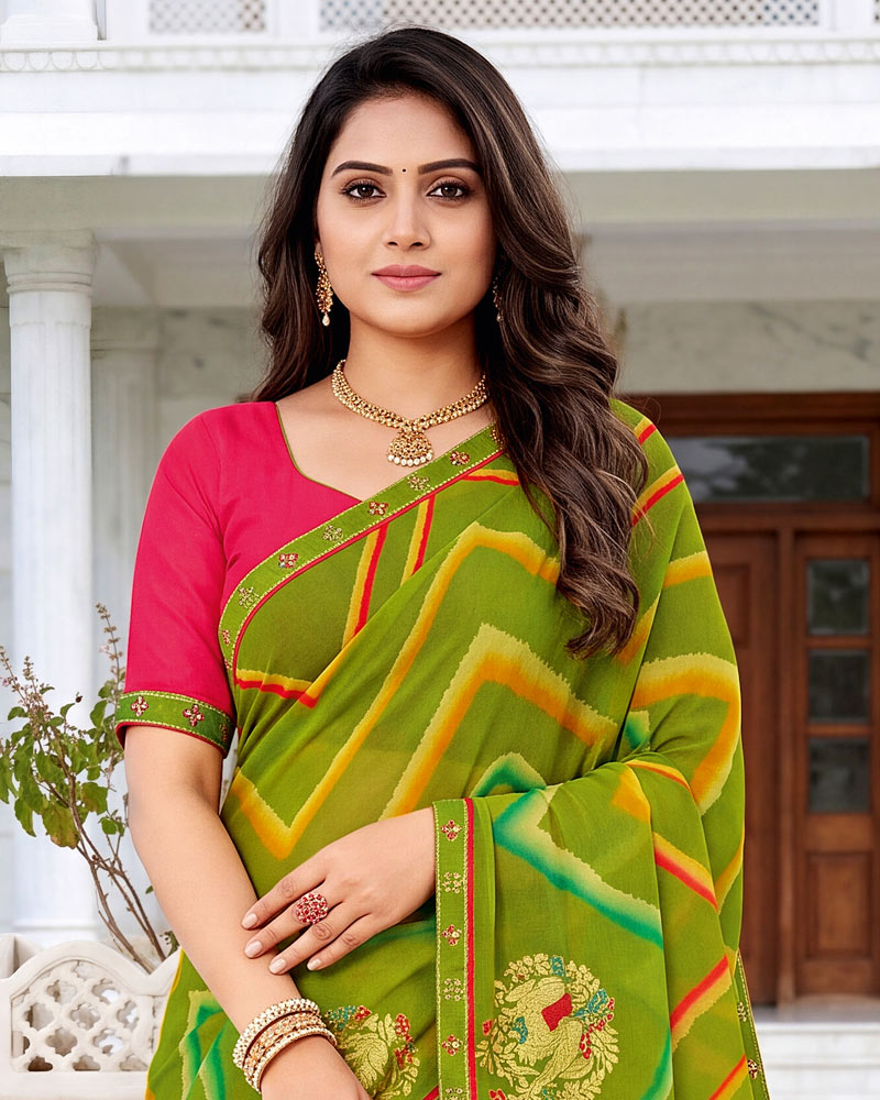 Vishal Prints Mehandi Green Printed Georgette Saree With Foil Print And Fancy Border