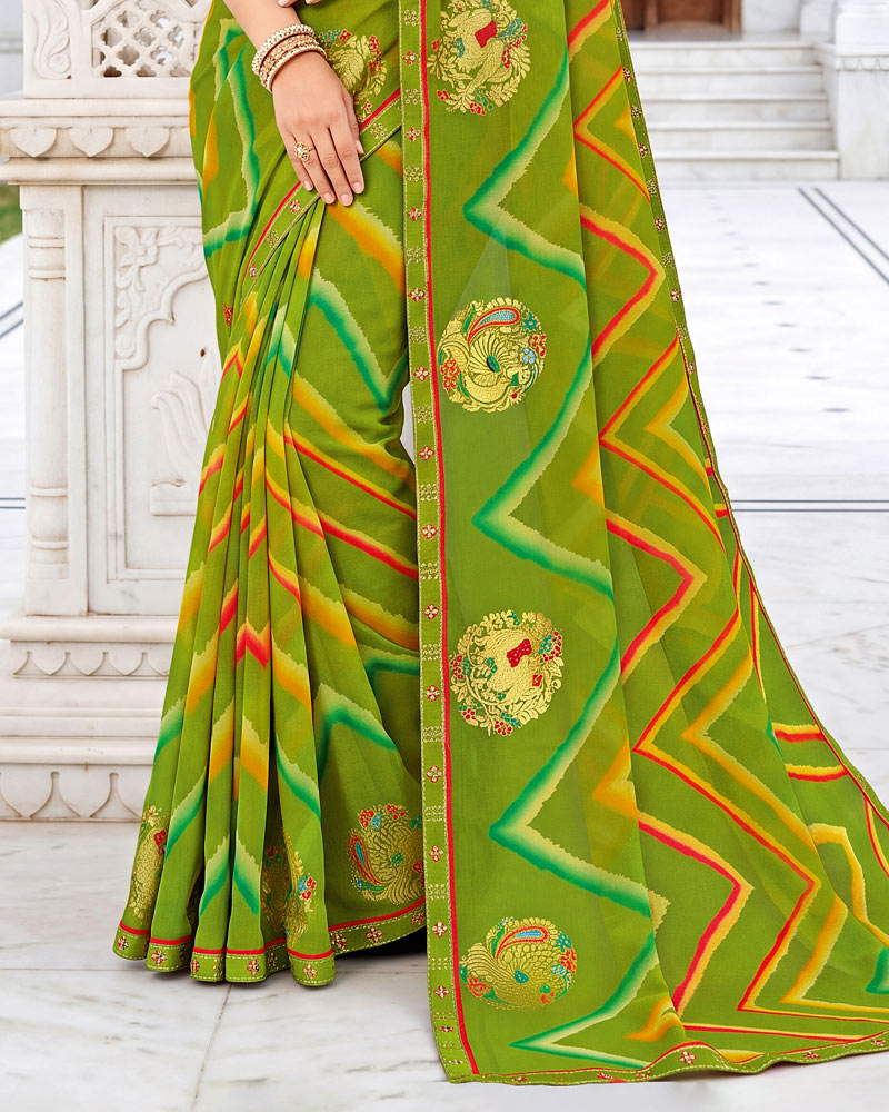 Vishal Prints Mehandi Green Printed Georgette Saree With Foil Print And Fancy Border