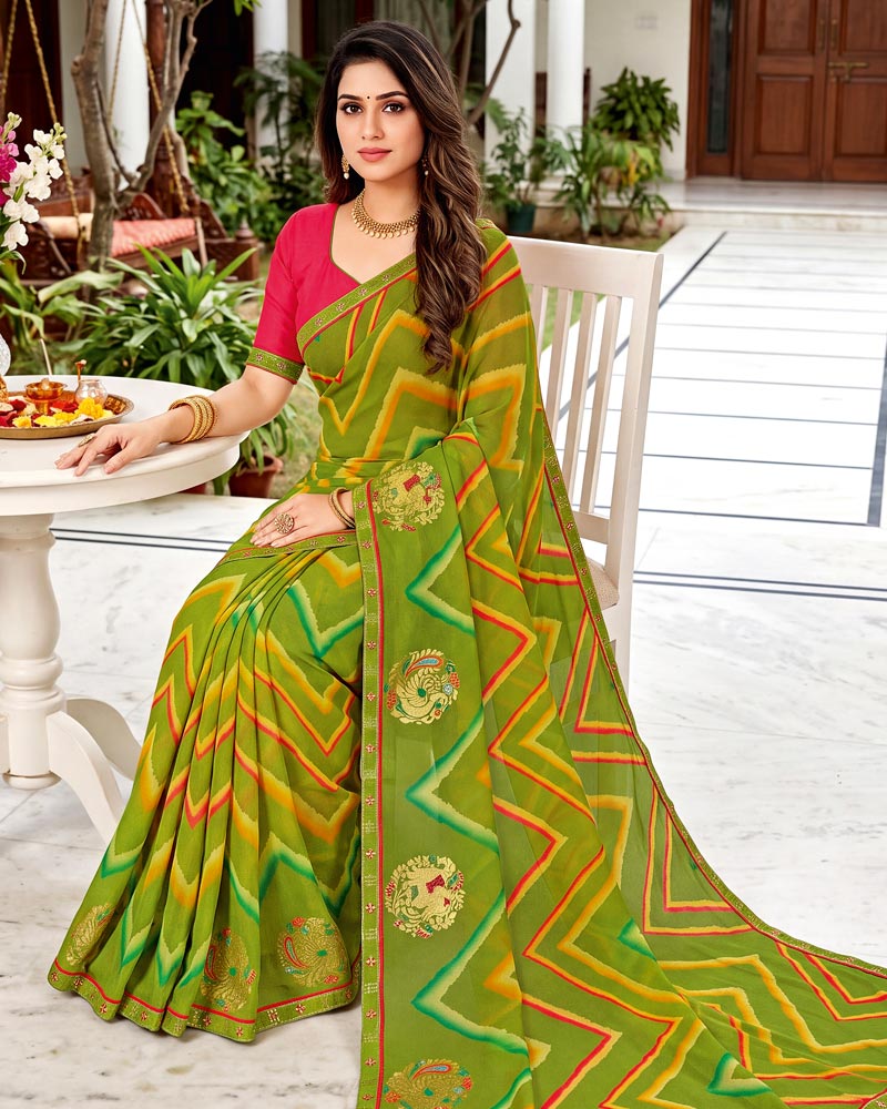 Vishal Prints Mehandi Green Printed Georgette Saree With Foil Print And Fancy Border