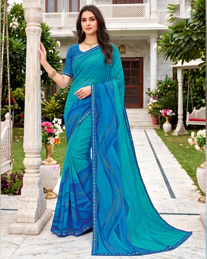 Vishal Prints Ocean Blue Printed Georgette Saree With Fancy Border