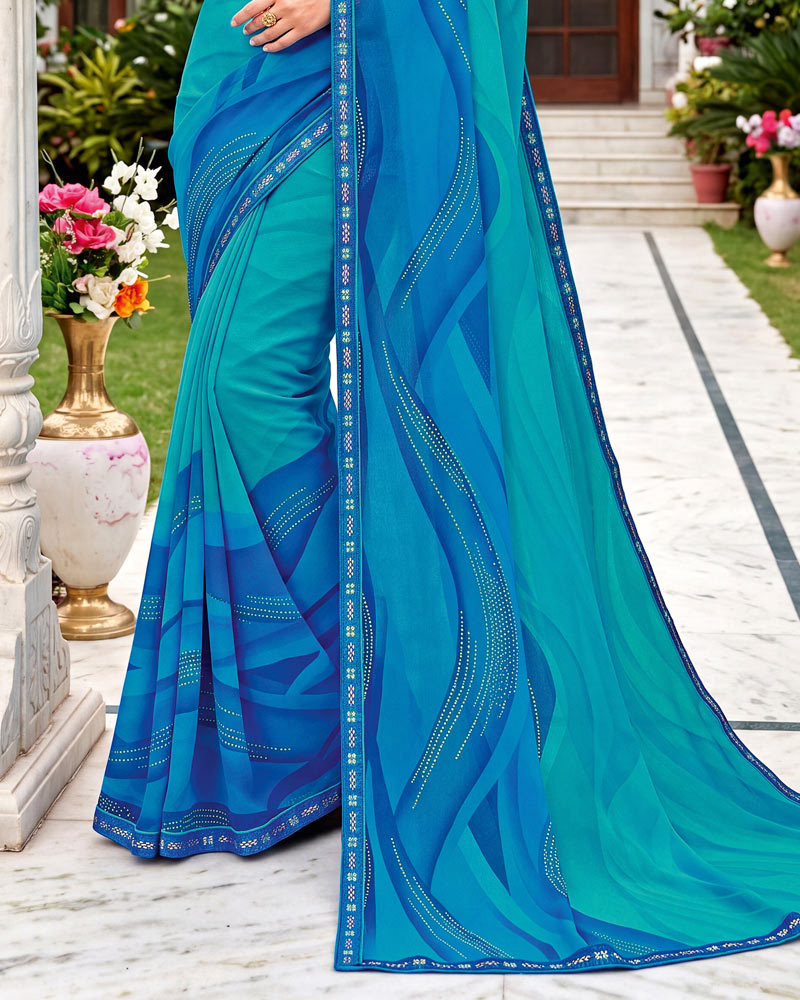 Vishal Prints Ocean Blue Printed Georgette Saree With Fancy Border